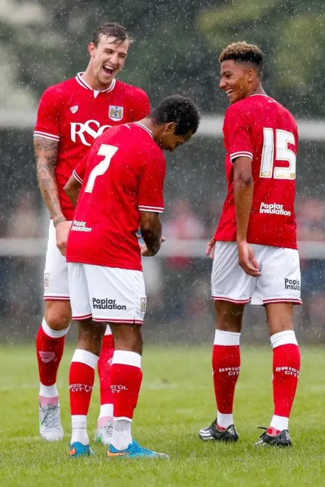 Framed Print : Bristol City Footballers Korey Smith, Aiden Flint, and Lloyd Kelly Share a Laugh After Goal in Pre-Season Community Match Framed Print : Bristol City Footballers Korey Smith, Aiden Flint, and Lloyd Kelly Share a Laugh After Goal in Pre-Season Community Match