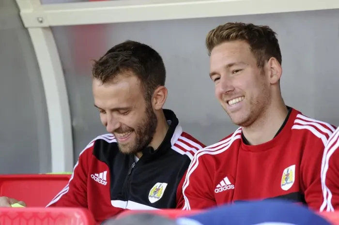 Framed Print : Bristol City Footballers Scott Wagstaff and Liam Kelly Sharing a Joke Before Kick-off