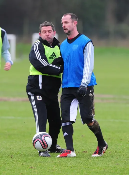 Framed Print : Bristol City: Intense Training Clash between Captain Carey and Assistant Manager Docherty