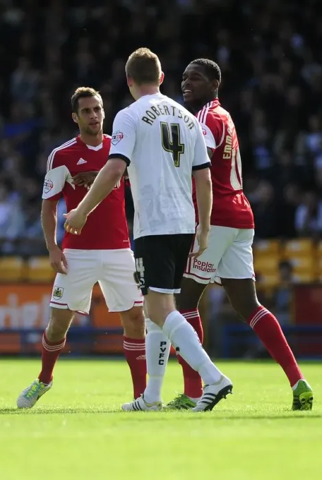 Framed Print : Bristol City: Jay Emmanuel-Thomas Intervenes in Heated Moment between Sam Baldock and Chris Robertson during Port Vale vs. Bristol City Match, October 2013 Framed Print : Bristol City: Jay Emmanuel-Thomas Intervenes in Heated Moment between Sam Baldock and Chris Robertson during Port Vale vs. Bristol City Match, October 2013