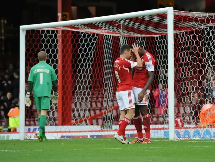Framed Print : Bristol City: Jay Emmanuel-Thomas and Sam Baldock Celebrate Goal in FA Cup Match against Dagenham and Redbridge Framed Print : Bristol City: Jay Emmanuel-Thomas and Sam Baldock Celebrate Goal in FA Cup Match against Dagenham and Redbridge