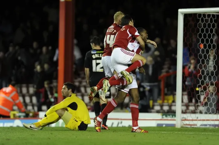 Framed Print : Bristol City: Jay Emmanuel-Thomas's Goal Celebration with Team Mates (vs. Crawley Town, 2013)