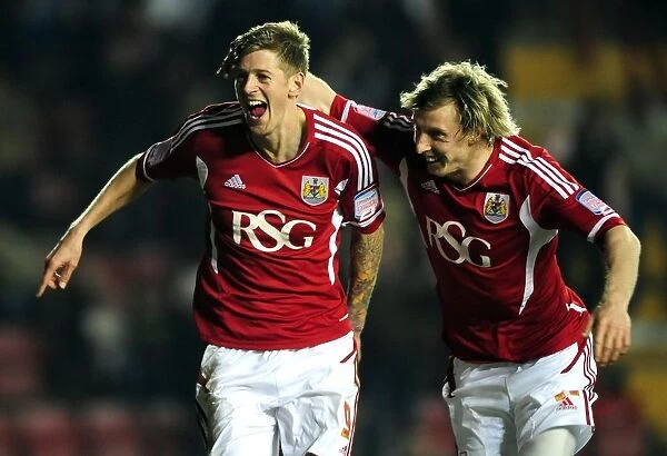 Bristol City: Jon Stead and Martyn Woolford Celebrate Goal Against Cardiff City at Ashton Gate Stadium (March 10, 2012)