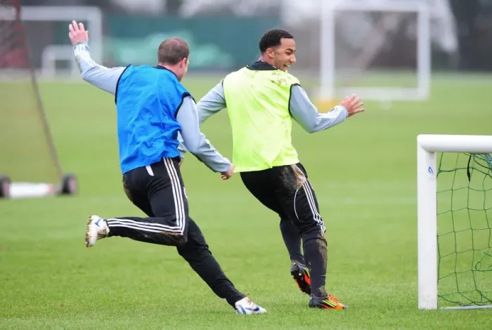 Framed Print : Bristol City: Light-Hearted Moment as Nicky Maynard Shares a Joke with Team Mates During Training Framed Print : Bristol City: Light-Hearted Moment as Nicky Maynard Shares a Joke with Team Mates During Training