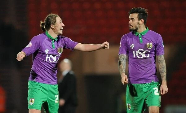 Bristol City: Luke Ayling and Marlon Pack Celebrate Win Against Doncaster Rovers at Keepmoat Stadium (February 2015)