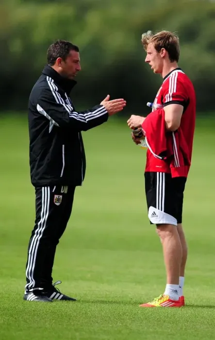 Framed Print : Bristol City Manager Derek McInnes Conferring with Martyn Woolford during Training, September 2012