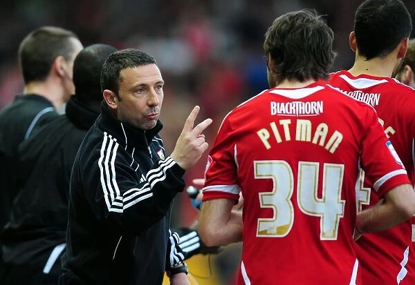 Bristol City Manager Derek McInnes Gives Instructions to Brett Pitman During Bristol City vs. Cardiff City Match, 2012