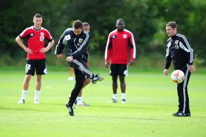 Framed Print : Bristol City Manager Derek McInnes Scores at Training Session, September 2012