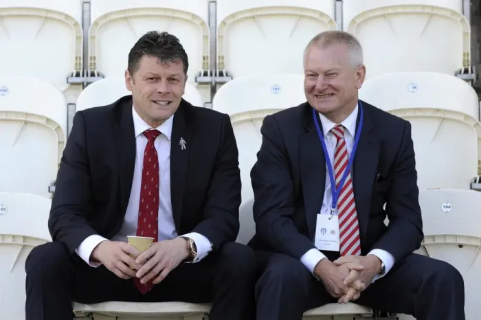 Framed Print : Bristol City Manager Steve Cotterill and Majority Shareholder Steve Lansdown Pre-Match Discussion at Colchester United, 2014