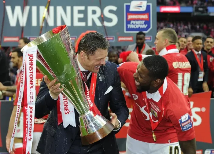 Framed Print : Bristol City Manager Steve Cotterill Shares a Laugh with Jay Emmanuel-Thomas during JPT Final at Wembley Stadium (Bristol City v Walsall) Framed Print : Bristol City Manager Steve Cotterill Shares a Laugh with Jay Emmanuel-Thomas during JPT Final at Wembley Stadium (Bristol City v Walsall)
