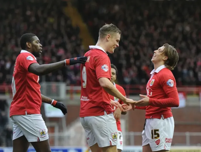 Framed Print : Bristol City: Matt Smith, Jay Emmanuel-Thomas, and Luke Freeman Celebrate Goal Against Sheffield United - 14 / 02 / 2015