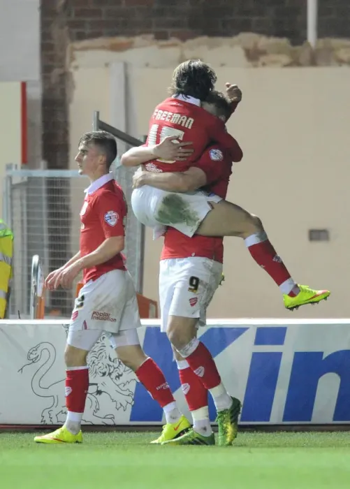 Framed Print : Bristol City: Matt Smith and Luke Freeman Celebrate Goal Against Port Vale, Sky Bet League One, Ashton Gate