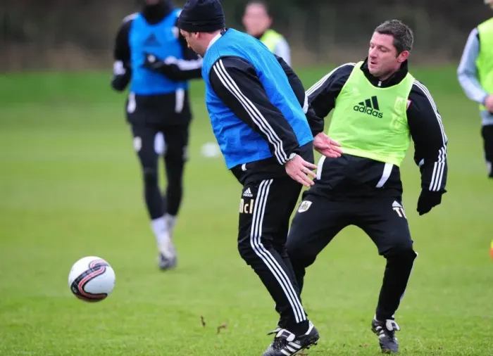 Framed Print : Bristol City: McInnes and Docherty Go Head-to-Head in Intense Training Session