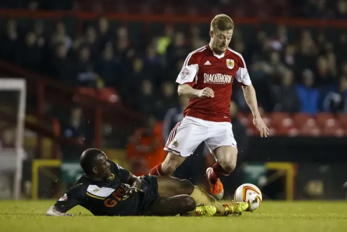 Framed Print : Bristol City Midfielder Wade Elliott Tackles in Sky Bet League One Match Against Port Vale Framed Print : Bristol City Midfielder Wade Elliott Tackles in Sky Bet League One Match Against Port Vale