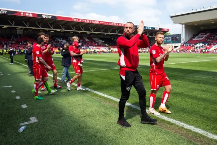 Framed Print : Bristol City Players Aaron Wilbraham and Matt Taylor Celebrate with Fans at Ashton Gate Stadium after Securing Promotion to Championship Final Framed Print : Bristol City Players Aaron Wilbraham and Matt Taylor Celebrate with Fans at Ashton Gate Stadium after Securing Promotion to Championship Final