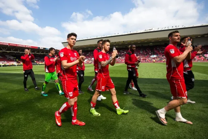 Framed Print : Bristol City Players Bailey Wright, Callum O'Dowda, and Josh Brownhill Celebrate with Fans at Ashton Gate Stadium (Bristol City v Birmingham City, Sky Bet Championship)
