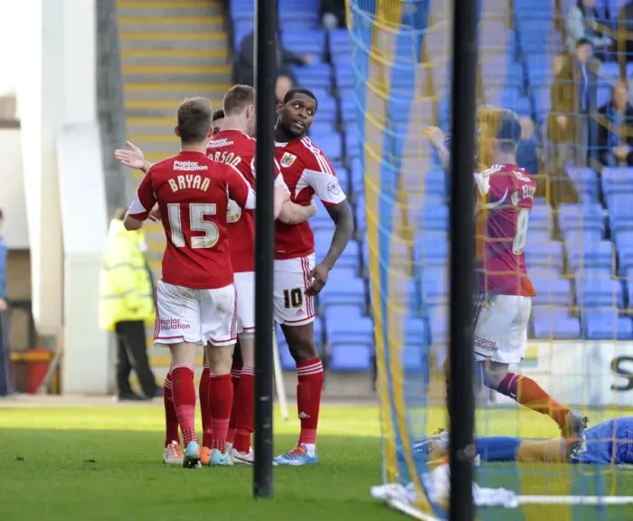 Framed Print : Bristol City Players Celebrate Own Goal by Tamika Mkandawire against Shrewsbury Town (08 / 03 / 2014) Framed Print : Bristol City Players Celebrate Own Goal by Tamika Mkandawire against Shrewsbury Town (08 / 03 / 2014)
