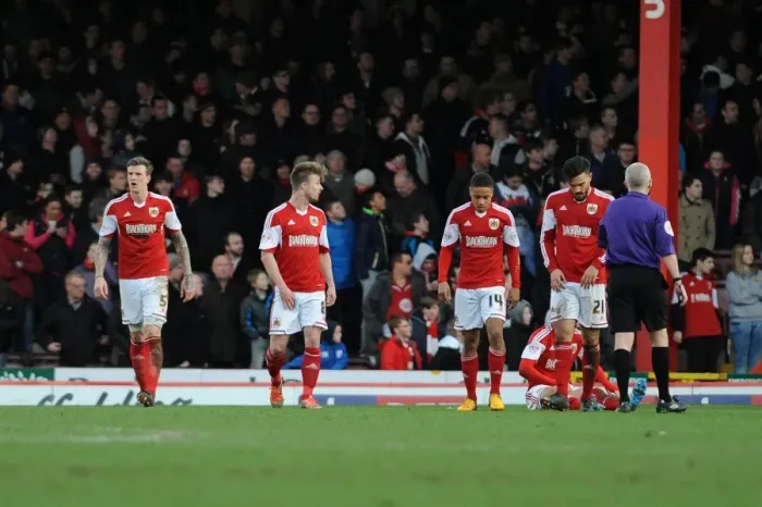 Framed Print : Bristol City Players Show Dejection After Conceding a Goal in Sky Bet League One Match Against Tranmere Rovers
