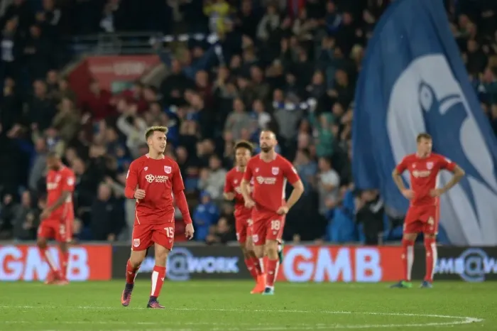 Framed Print : Bristol City Players Show Disappointment After Loss to Cardiff City Framed Print : Bristol City Players Show Disappointment After Loss to Cardiff City