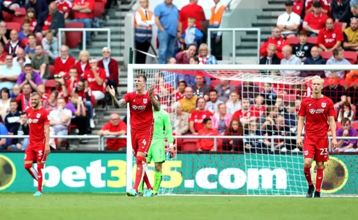 Framed Print : Bristol City Players Show Frustration After Conceding Goal to Derby County Framed Print : Bristol City Players Show Frustration After Conceding Goal to Derby County