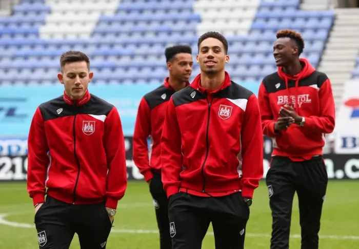 Framed Print : Bristol City Players Gather on Pitch Before Wigan Athletic Match, 11 March 2017