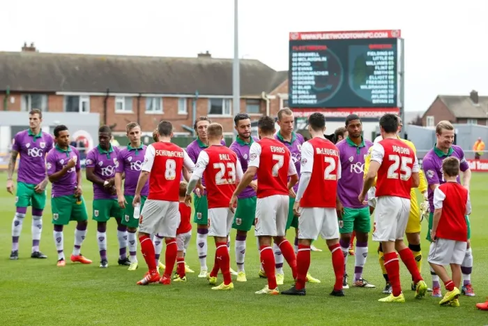 Framed Print : Bristol City Players Greet Fleetwood Town Opponents during Sky Bet League 1 Match, 2014