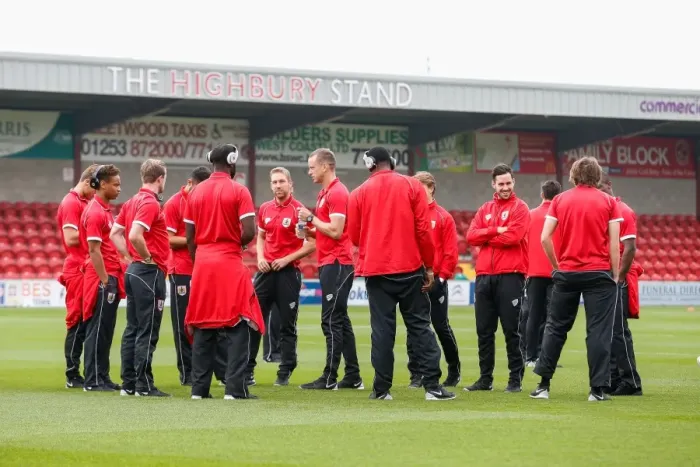 Framed Print : Bristol City Players Inspecting the Pitch at Fleetwood Town's Highbury Stadium (2014)