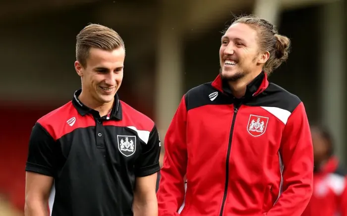 Framed Print : Bristol City Players Joe Bryan and Luke Ayling Smile at Abbey Business Stadium Ahead of Preseason Friendly vs Cheltenham Town Framed Print : Bristol City Players Joe Bryan and Luke Ayling Smile at Abbey Business Stadium Ahead of Preseason Friendly vs Cheltenham Town