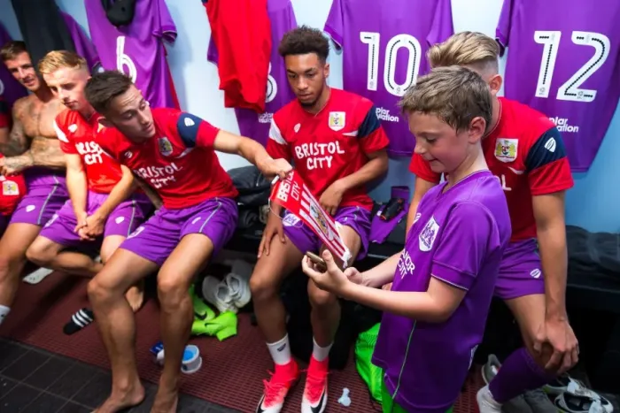 Framed Print : Bristol City Players Josh Brownhill and Freddie Hinds Sign Autographs for Mascots (Pre-season Friendly: Bristol Manor Farm vs. Bristol City, 2017) Framed Print : Bristol City Players Josh Brownhill and Freddie Hinds Sign Autographs for Mascots (Pre-season Friendly: Bristol Manor Farm vs. Bristol City, 2017)