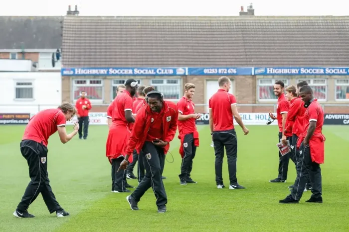 Framed Print : Bristol City Players Led by Jay Emmanuel-Thomas Inspect Fleetwood Town's Highbury Stadium Pitch (2014) Framed Print : Bristol City Players Led by Jay Emmanuel-Thomas Inspect Fleetwood Town's Highbury Stadium Pitch (2014)