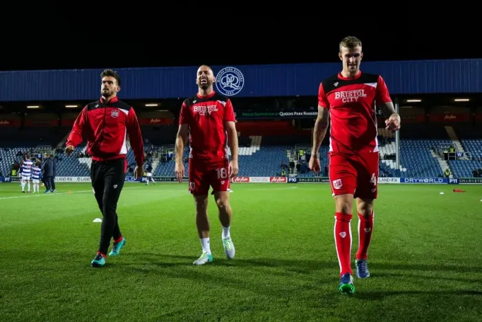 Framed Print : Bristol City Players Marlon Pack, Aaron Wilbraham, and Aden Flint Warm Up Ahead of QPR vs. Bristol City Championship Match