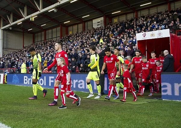 Bristol City Players and Mascots Emerging from Ashton Gate Tunnel for Sky Bet Championship Match against Reading