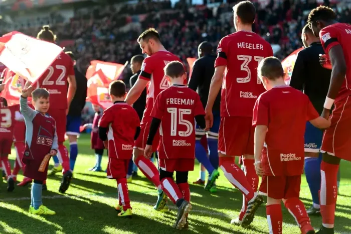 Framed Print : Bristol City Players and Mascots Walk Out at Ashton Gate for Sky Bet Championship Match Against Cardiff City