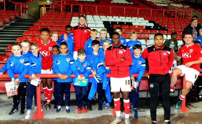 Framed Print : Bristol City Players Meet Ashton Boys FC at Ashton Gate Stadium during Bristol City vs Fulham Match, Sky Bet Championship Framed Print : Bristol City Players Meet Ashton Boys FC at Ashton Gate Stadium during Bristol City vs Fulham Match, Sky Bet Championship