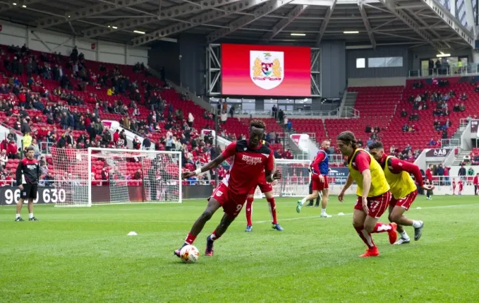 Framed Print : Bristol City Players Prepare for Battle against Blackburn Rovers at Ashton Gate Stadium