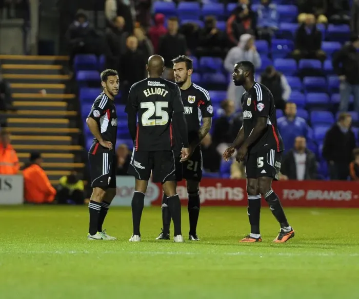 Framed Print : Bristol City Players Regroup After Conceding Goal Against Tranmere in Sky Bet League One