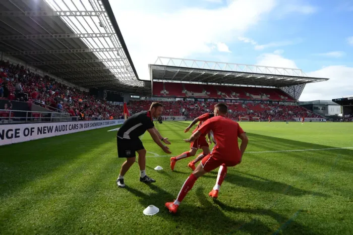 Framed Print : Bristol City Players Warm Up Ahead of Derby County Showdown at Ashton Gate Stadium Framed Print : Bristol City Players Warm Up Ahead of Derby County Showdown at Ashton Gate Stadium