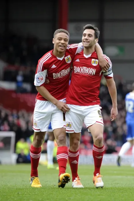 Framed Print : Bristol City: Sam Baldock and Bobby Reid Celebrate Goal Against Gillingham, Sky Bet League One, 2014 Framed Print : Bristol City: Sam Baldock and Bobby Reid Celebrate Goal Against Gillingham, Sky Bet League One, 2014