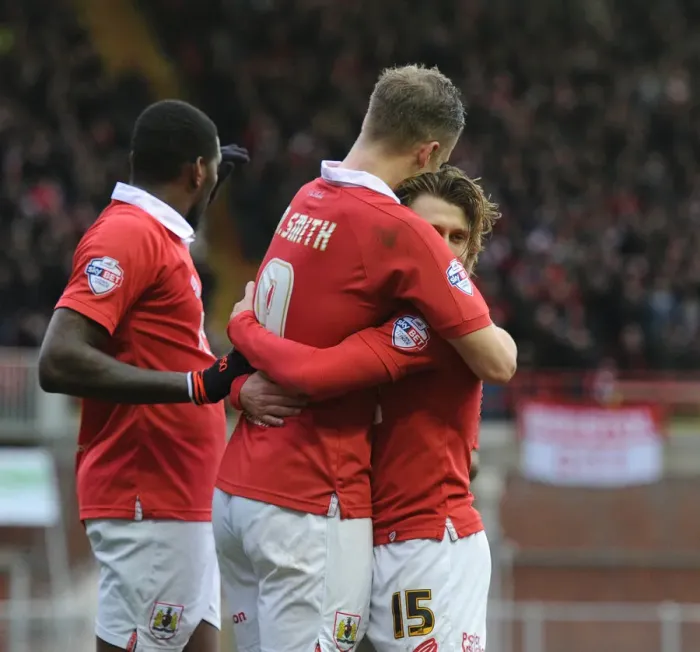Framed Print : Bristol City: Smith, Emmanuel-Thomas, and Freeman's Triumphant Goal Celebration vs Sheffield United - February 14, 2015 Framed Print : Bristol City: Smith, Emmanuel-Thomas, and Freeman's Triumphant Goal Celebration vs Sheffield United - February 14, 2015