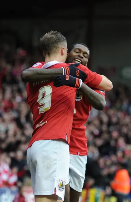 Framed Print : Bristol City: Smith and Emmanuel-Thomas in Jubilant Moment after Scoring against Sheffield United - February 14, 2015