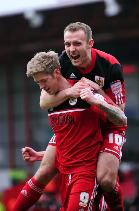 Framed Print : Bristol City: Stead and Kelly's Thrilling Goal Celebration vs Barnsley (2013)