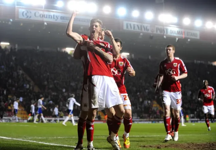Framed Print : Bristol City: Stead and Woolford's Euphoric Goal Celebration at Ashton Gate Stadium Framed Print : Bristol City: Stead and Woolford's Euphoric Goal Celebration at Ashton Gate Stadium