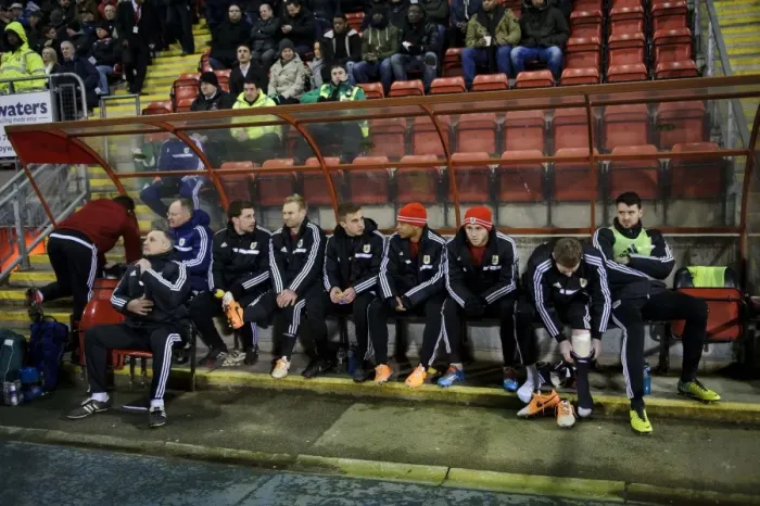 Framed Print : Bristol City Subs Gather in Dugout at Leyton Orient Match, 11 / 02 / 2014