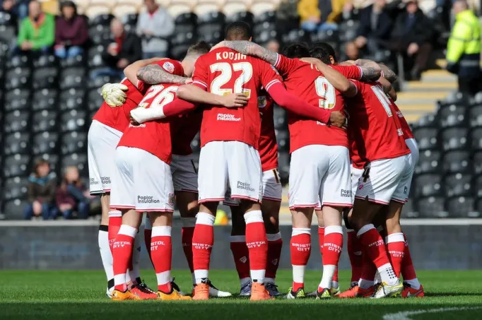 Framed Print : Bristol City Team Huddle at KC Stadium during Hull City vs. Bristol City Championship Match, 2016