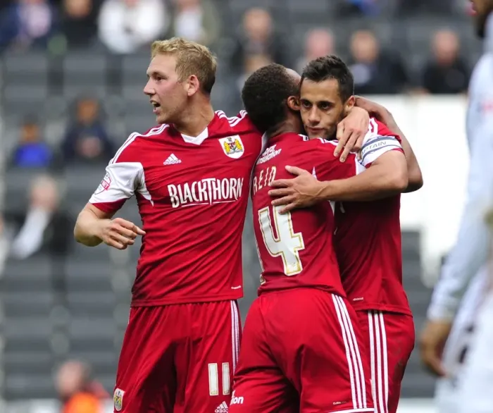 Framed Print : Bristol City: Thrilling Goal Celebration by Sam Baldock and Team Mates vs. Milton Keynes Dons, 2013