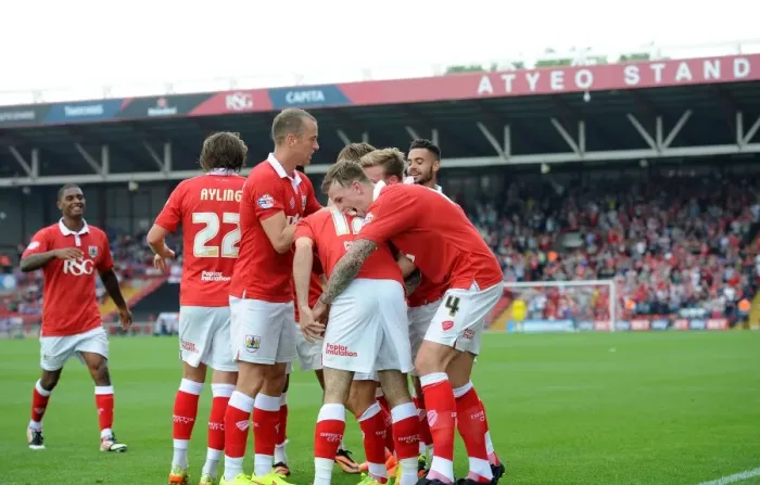 Framed Print : Bristol City: Triumphant Moment as Players Celebrate Victory Over Scunthorpe United, September 6, 2014