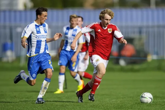 Framed Print : Bristol City U18s: Matt Long's Assist Leads to Marley Bishop's Goal Against Brighton & Hove Albion U18s - October 5, 2013