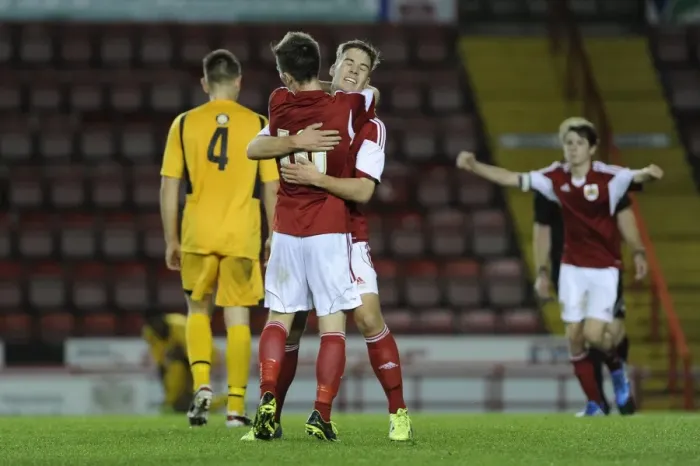 Framed Print : Bristol City U18s: Ben Withey and Jamie Horgan Celebrate Goal in Youth Cup Match against Newport County U18s