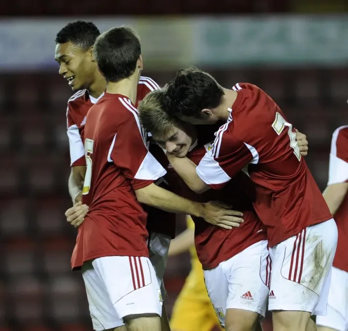 Framed Print : Bristol City U18s Celebrate Ben Withey's Goal Against Newport County U18s in Youth Cup Match Framed Print : Bristol City U18s Celebrate Ben Withey's Goal Against Newport County U18s in Youth Cup Match