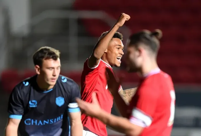Framed Print : Bristol City U21's Victory: Marley Bishop-Wisdom Celebrates Own-Goal by Sheffield Wednesday U21's Will De Havilland Framed Print : Bristol City U21's Victory: Marley Bishop-Wisdom Celebrates Own-Goal by Sheffield Wednesday U21's Will De Havilland